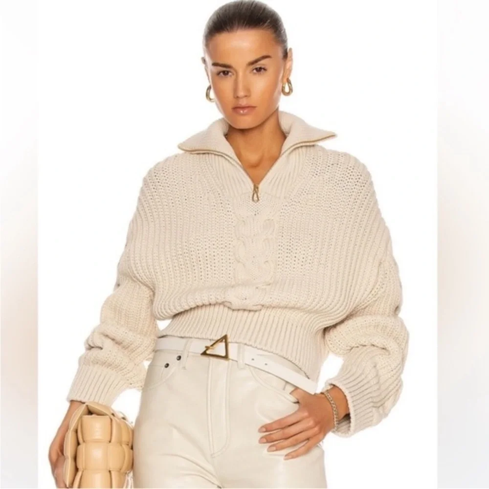 Nanushka Sweater Eria Cropped Cable Knit Quarter Zip in Crème Beige